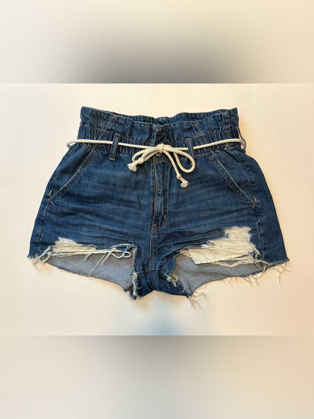 American Eagle Dark Blue Distressed Denim Shorts with Rope Tie